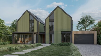 Modern architecture design of green residential house exterior with garden and driveway view 3d rendering