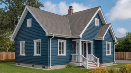 Beautiful blue house with white trim and gray roof for sale in a residential neighborhood property listing