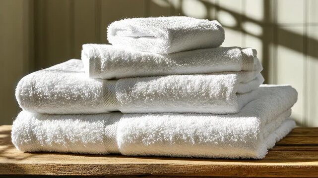 Sunlit towels stack with playful shadows on wooden surface