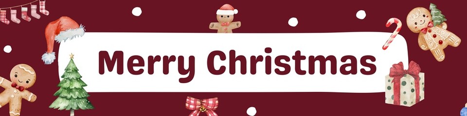 Fototapeta premium Christmas Classroom Banner Banner in Freestyle Style - Christmas banner, Merry Christmas, holiday greeting, festive background, Christmas illustration, gingerbread man, Santa hat, Christmas tree, cand