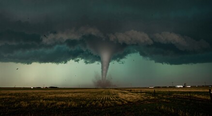 Destructive supercell tornado swirling over rural landscape and field. Extreme weather event representing natural disaster and climate change.