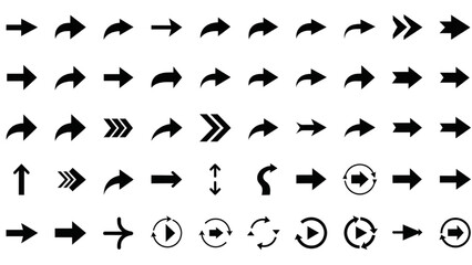 A diverse set of black arrow icons for user interface design, navigation, and pointers