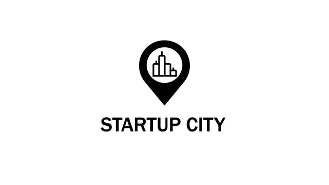 Black location pin icon with stylized buildings inside and STARTUPCITY text below Keywords: location, pin, map, marker, pointer, navigation, destination, city, urban, buildings