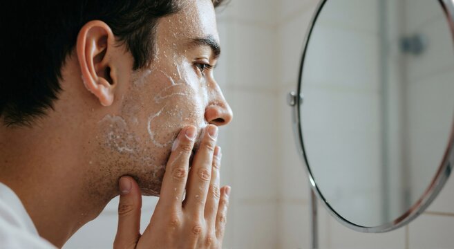Young man washing face with cleanser in bathroom looking at mirror. Daily facial skin care routine for healthy men.