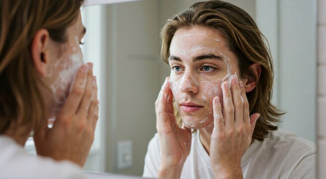 Young man with foam cleanser on face. Male using facial hygiene product for skincare routine. Daily healthy beauty treatment.