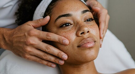 Close up of a woman receiving a facial massage from an aesthetician. Skincare and beauty treatment concept for wellness and health.