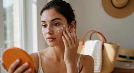 Young woman applying facial cream, looking at a small mirror. Skincare and beauty routine for healthy skin. Daily self care for wellness.