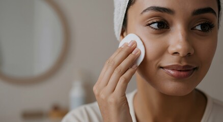 Young smiling woman cleaning face with cotton pad. Skincare routine and daily beauty treatment. Female facial cleansing for healthy skin.
