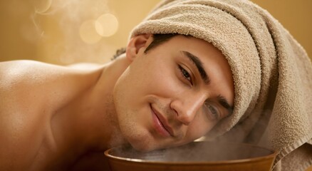 Young caucasian man enjoying a facial steam bath at a spa. Male wellness and relaxation concept after stressful work for beauty salon.