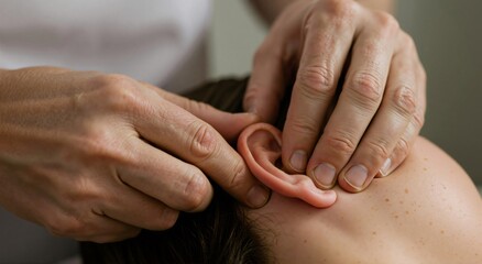 Therapist performs ear treatment on a woman's head. Close up shot of professional hands manipulating a patient's ear. Auriculotherapy session for wellness.