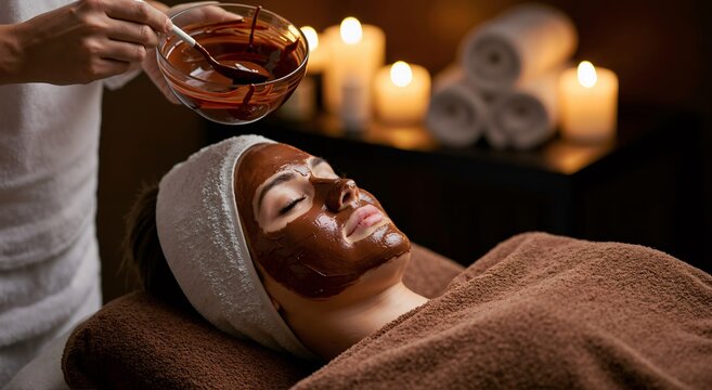 Woman receiving chocolate face mask treatment from aesthetician. Spa salon with candles for relaxation and skin care concept.
