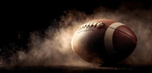 A football rests in dust against a dark background. Atmospheric, smoky with a soft glow highlighting the seams