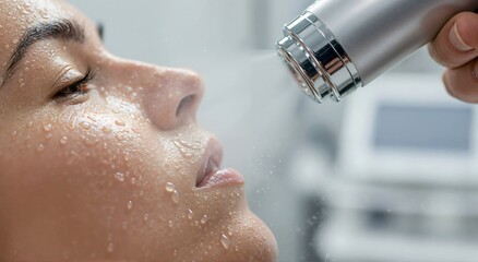 Woman receiving facial treatment with small water drops. Hydrating and refreshing cosmetic procedure for skin care. Modern beauty salon concept.