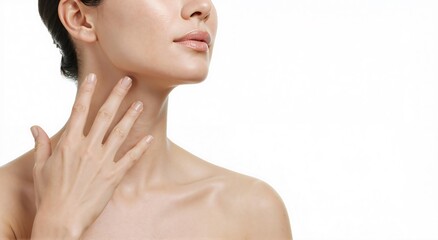 Woman touching her neck. Close up of female with natural beauty, perfect skin, skincare and cosmetology concept.