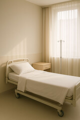 Cozy modern hospital room with single bed and soft natural light