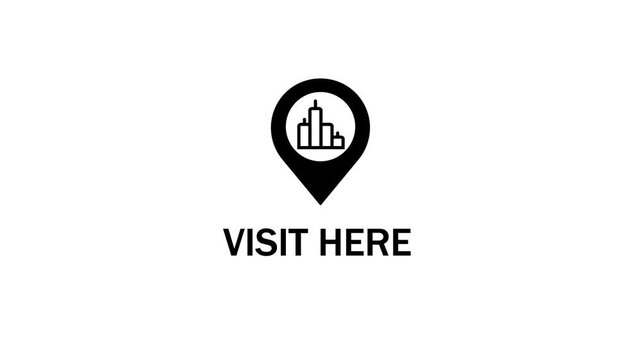 Black location pin icon with stylized buildings inside and the text VISITHERE below on a white background