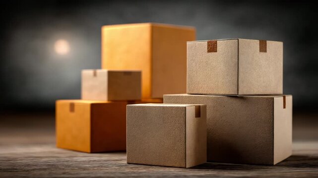A stack of cardboard boxes and packages on a wooden table. Sealed cartons ready for shipping and delivery. Logistics, e-commerce, and moving services concept