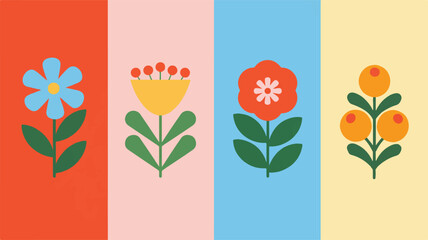 Naklejka premium Four Stylized Folk Art Flowers in Vertical Panels floral illustration