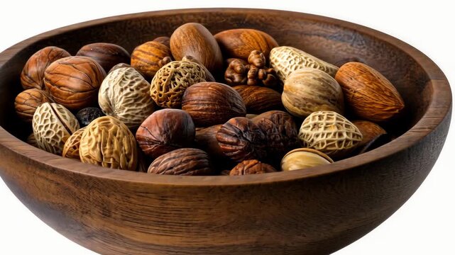 Wooden bowl filled with assorted nuts showcasing rich texture and variety