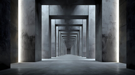 Obraz premium An imposing, industrial-style corridor with tall, minimalist pillars creating a sense of depth and perspective, the strong geometry and stark lighting create a powerful visual