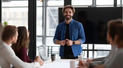 Young Professional Leading Team Meeting in Modern Office Space