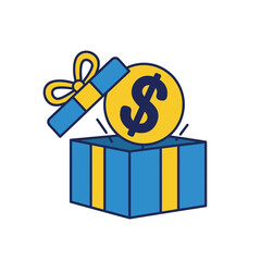 Vector business icon of a money gift, with a golden dollar coin emerging from a surprise present box. Symbol for financial bonus, prize, or savings