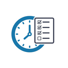 A blue clock face with hands pointing to 900, next to a checklist with four items, three of which are ticked