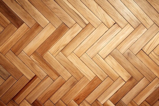 Close up overhead view of a warm toned natural wood parquet flooring in a classic herringbone pattern