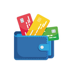 Blue wallet icon filled with colorful credit cards, a business symbol for finance, shopping, and secure online payments. Flat vector design on a white background