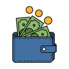 Simple line art icon of a blue wallet full of cash banknotes and gold coins, representing personal finance, business transactions, and wealth