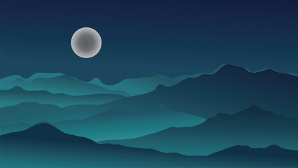Minimal Night Landscape with Moon and Mountain Silhouettes