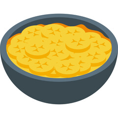 Top View of a Dark Gray Bowl Filled with Sliced Yellow Bananas in Isometric Style Against a Transparent Background