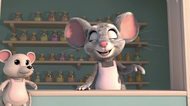 Deux souris cartoon 3D dans une boulangerie pastel joyeuse