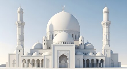 White Islamic Mosque with Domes and Minarets Under Clear Sky