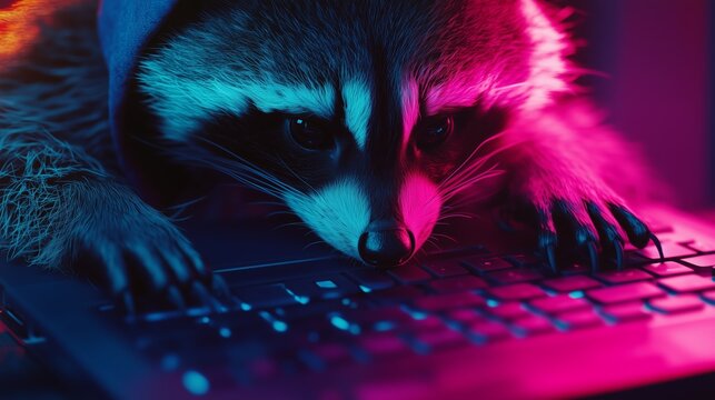 Cyberpunk raccoon typing on keyboard in neon light, futuristic digital animal concept