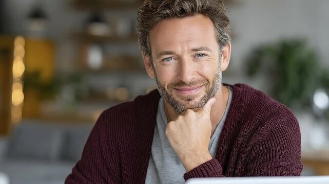 Man with saltandpepper beard grey Tshirt and maroon cardigan smiling with hand on chin in a blurred background