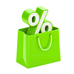 3D shopping bag filled with percentage sign, symbolizing discounts and sales. Isolated on transparent 