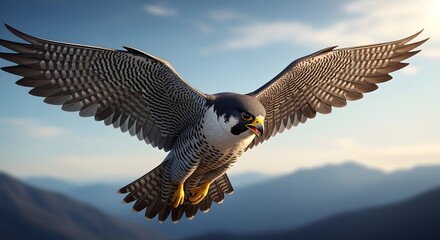 Peregrine Falcon in Mid-Flight Over Mountain Landscape