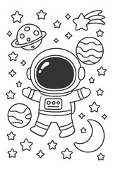Funny doodle black and white sketch drawing of a hand-drawn cartoon Space astronaut doodle coloring character illustration set
