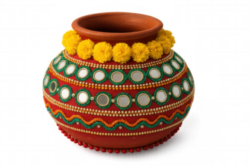 Decorative indian matka pot with marigold flowers and mirror work for festive celebrations on a transparent background