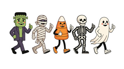 Frankenstein mummy candy corn skeleton and ghost characters giving thumbs up, perfect for halloweenthemed designs, invitations.