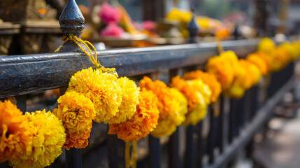 Thai Marigold Flower Garlands (Phuang Malai) for Buddhist Offering at a Temple in Thailand
