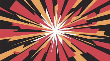 Abstract burst design with red orange black and white rays emanating from a central point design