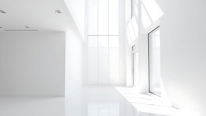 Obraz premium Modern white office corridor with large windows and clean lines.