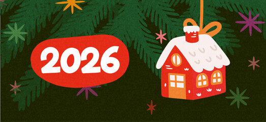 Merry Christmas and Happy New Year greeting card or banner. Modern beautiful Xmas design with typography, Christmas tree branches, balls and toys. Art poster, cover, decor templates	
