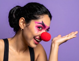 A young woman with clown makeup, including a red nose and exaggerated eyebrows, smiles and gestures with an open palm against a purple background.