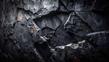 Abstract macro of a dark, fractured stone wall with fiery orange accents
