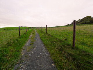 A wide-angle view of a country road stretching through the open fields.