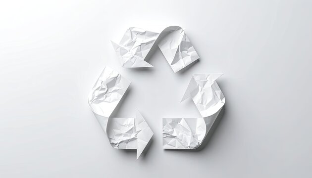 A recycling symbol made of three crumpled white paper arrows on a white surface