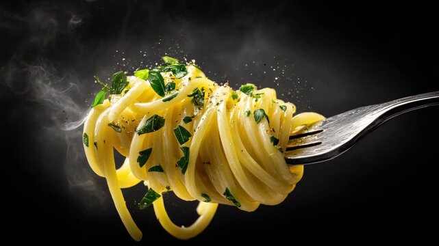 A forkful of steaming spaghetti pasta, garnished with herbs, against a dark background